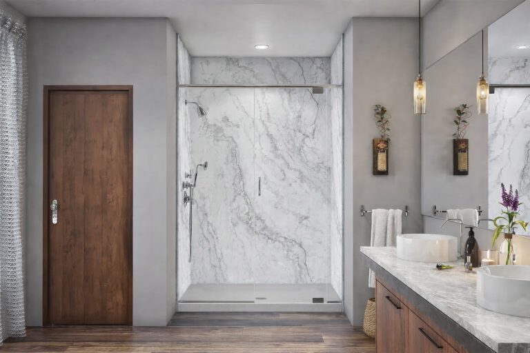 White Pearl Walls · Grey Base · Brushed Nickel Fixtures