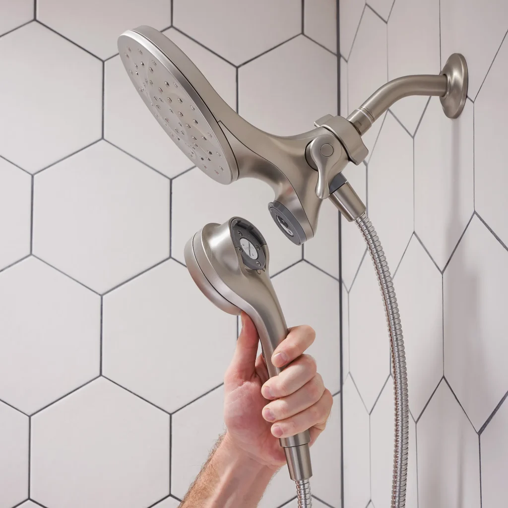 Premium showerhead fixtures are a hallmark of Bath Expo's installations.